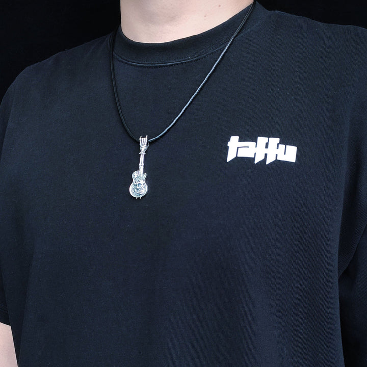 [1040] Retro Design S925 Sterling Silver Skeleton Guitar Pendant with Chain - Taffu Craft Studio
