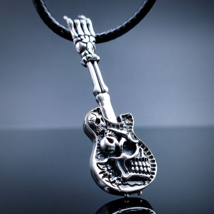 [1040] Retro Design S925 Sterling Silver Skeleton Guitar Pendant with Chain - Taffu Craft Studio