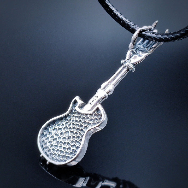 [1040] Retro Design S925 Sterling Silver Skeleton Guitar Pendant with Chain - Taffu Craft Studio